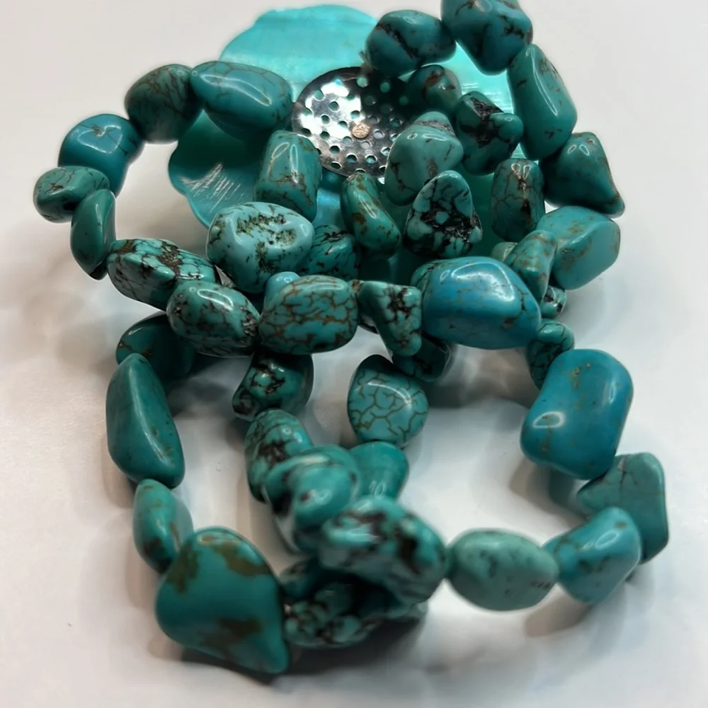 Hand Beaded Turquoise 3-Strand Floral Bracelet